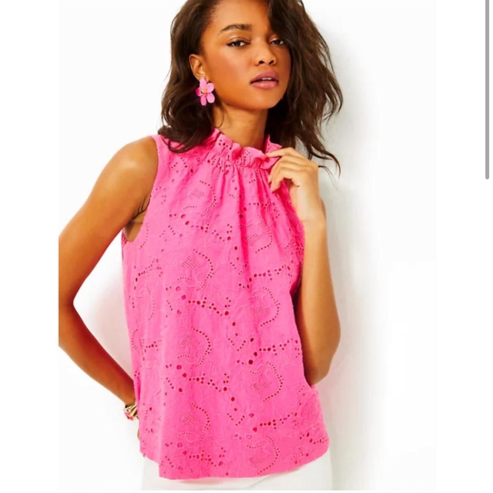 LILLY PULITZER dahliana eyelet sleeveless top Roxie Pink garden party Sz L NEW